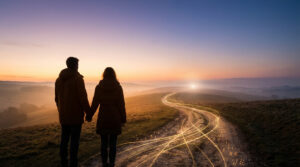 Couple main dans la main contemplant un chemin de vie numérique au crépuscule, symbole de leur destin.