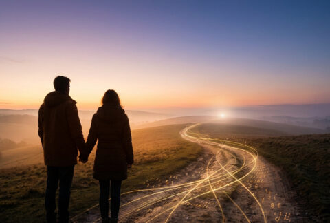 Couple main dans la main contemplant un chemin de vie numérique au crépuscule, symbole de leur destin.