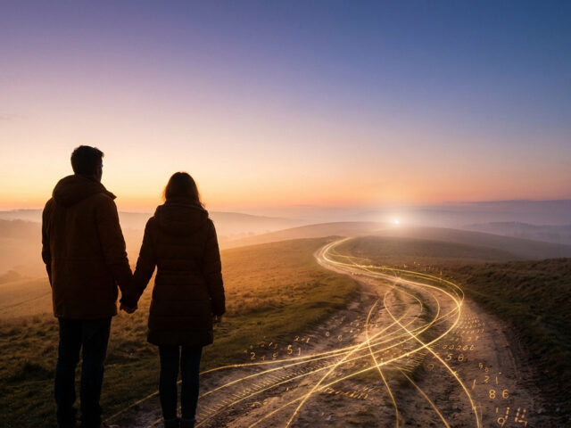 Couple main dans la main contemplant un chemin de vie numérique au crépuscule, symbole de leur destin.