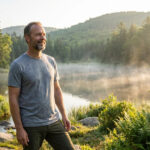 Un homme souriant, barbu, en t-shirt gris, contemple un lac brumeux au lever du soleil, entouré d'une forêt luxuriante.