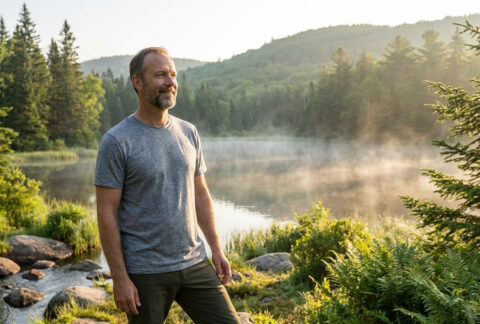 Un homme souriant, barbu, en t-shirt gris, contemple un lac brumeux au lever du soleil, entouré d'une forêt luxuriante.