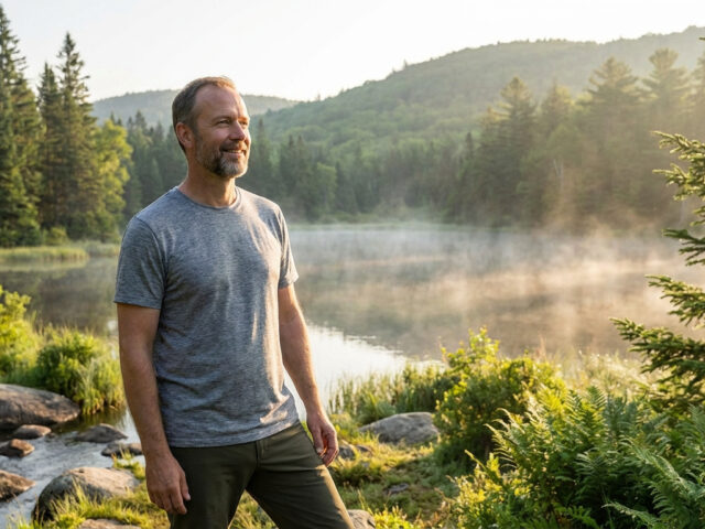 Un homme souriant, barbu, en t-shirt gris, contemple un lac brumeux au lever du soleil, entouré d'une forêt luxuriante.