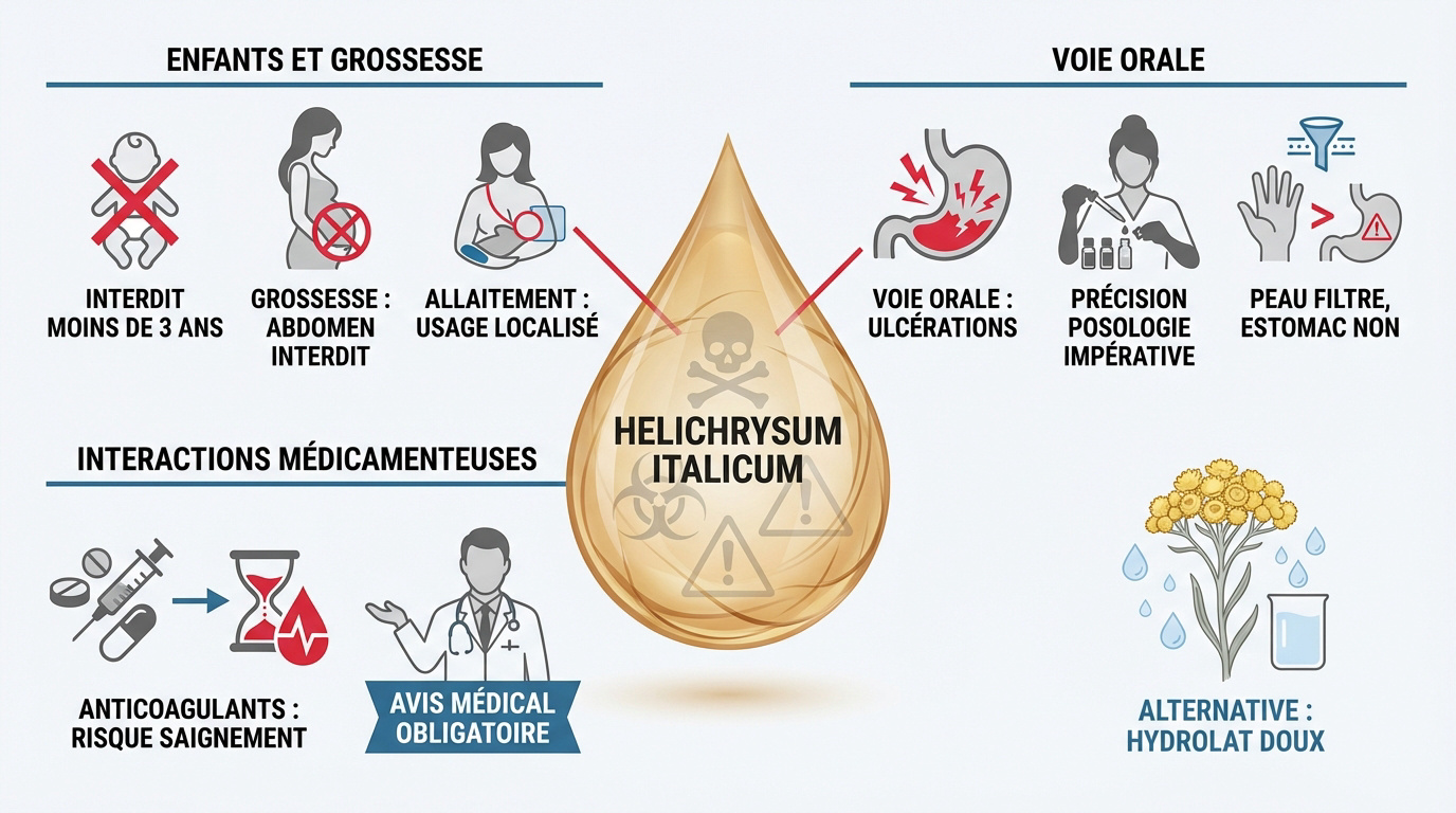 Précautions d'usage et flacon d'huile essentielle d'hélichryse italienne