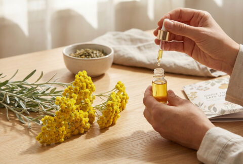 Main versant de l'huile essentielle d'hélichryse italienne dans une fiole, fleurs et guide d'utilisation.