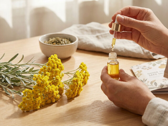 Main versant de l'huile essentielle d'hélichryse italienne dans une fiole, fleurs et guide d'utilisation.