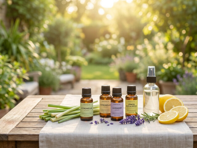 Bouteilles d'huiles essentielles (citronnelle, lavande, eucalyptus citronné), ingrédients et spray sur table de jardin ensoleillée.