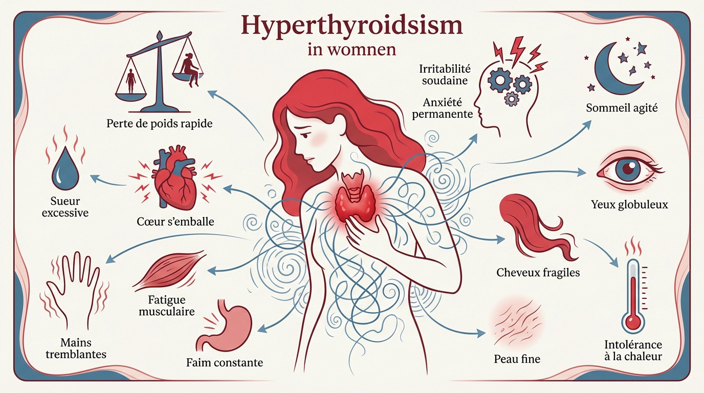 Illustration des symptômes de l'hyperthyroïdie chez la femme incluant fatigue et nervosité