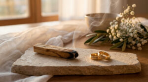 Bâton de palo santo fumant et alliances dorées sur une pierre. Bouquet de fleurs et bol en arrière-plan sous une lumière douce.