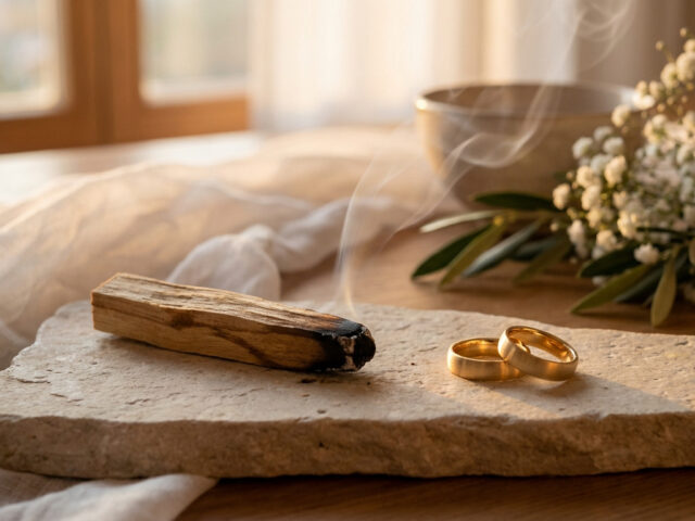 Bâton de palo santo fumant et alliances dorées sur une pierre. Bouquet de fleurs et bol en arrière-plan sous une lumière douce.