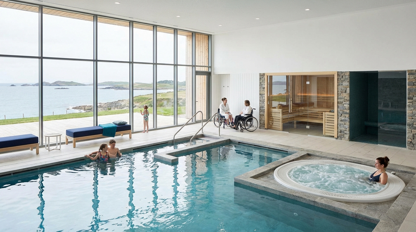 Piscine intérieure de luxe avec vue panoramique sur la mer à Perros-Guirec